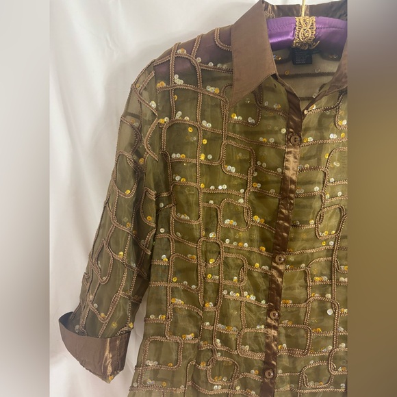 90’s VTG Satin Sequin Semi Sheer Textured Brown Gold Women’s Button Down Size M - Picture 5 of 14
